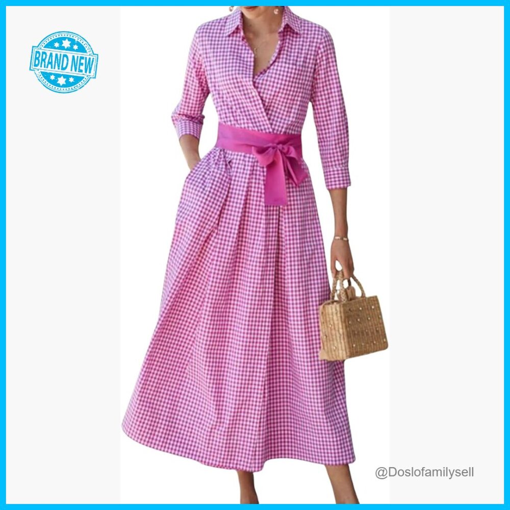 Retro Plaid Button Up Maxi Shirt Dress 3/4 Sleeve Gingham Pocketed With Belt